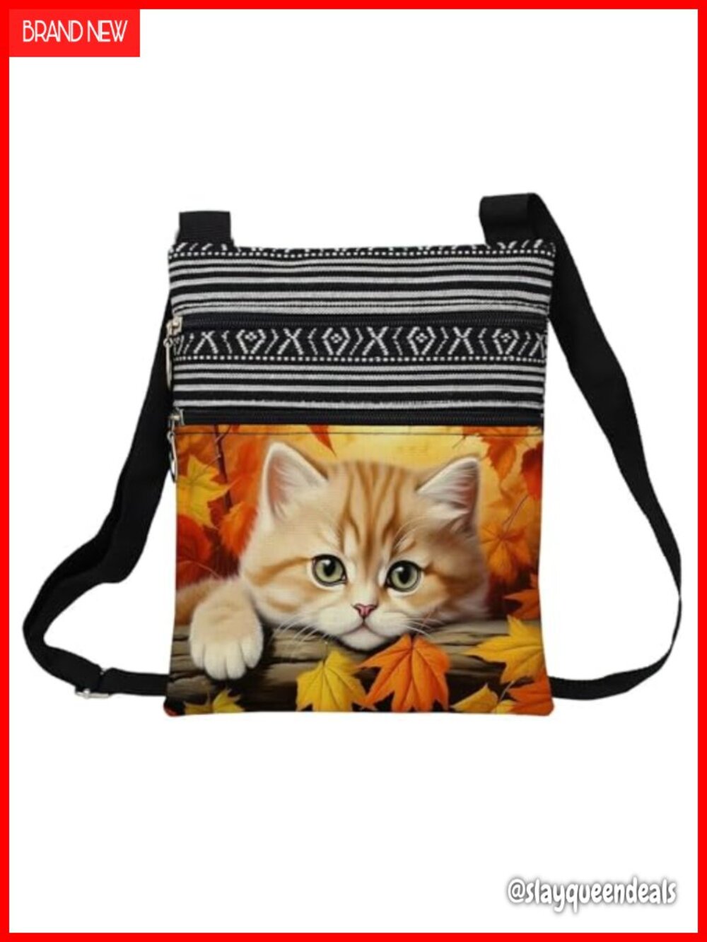 Polyester Floral Cat Crossbody Bag Adjustable Strap Zipper Women's Handbag